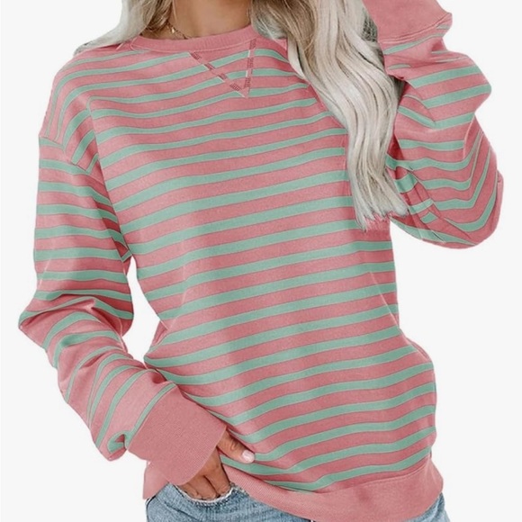 Pink Green Viral Cotton Striped Pullover Crewneck Sweater XL - Picture 1 of 8